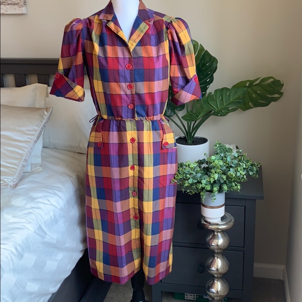 80’s Plaid Puff Sleeve Shirt Dress